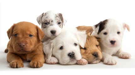 Adorable Group of Five Playful Puppies Lounging on a Cozy White Background, Ideal for PetRelated Content and Lifestyle Branding, Evoking Warmth and Happiness.