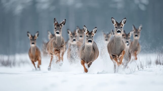 Vibrant Herd of Roe Deer Running in Snowy Forest, Ideal for Seasonal Marketing and Lifestyle Projects, Inspires a Sense of Excitement and Freedom.