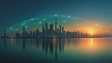 Twilight a city of modern business and smart digital innovation with a network of interconnected rewards over the cityscape of the future smart wireless digital city and social media network