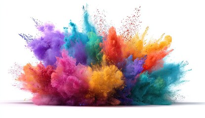 Colorful powder explosion against a white background.  A vibrant burst of various colored powders, radiating outward in a dynamic display.  Soft, diffuse edges create a sense of motion and energy