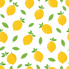 Bright Yellow Lemons and Green Leaves Seamless Pattern on White Background