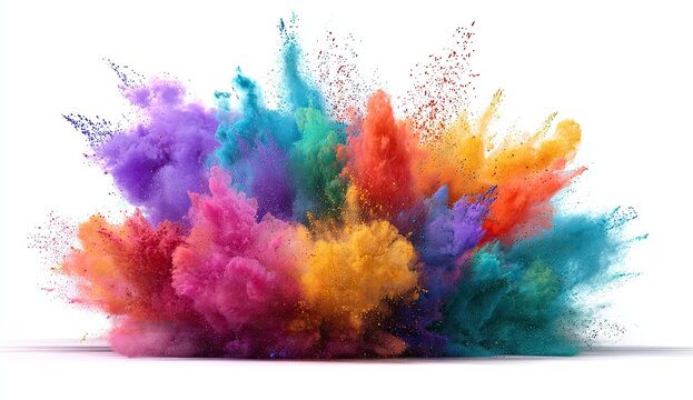 Colorful powder explosion against a white background.  A vibrant burst of various colored powders, radiating outward in a dynamic display.  Soft, diffuse edges create a sense of motion and energy