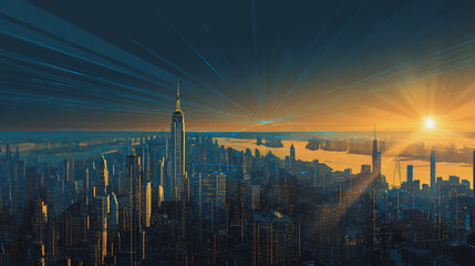 Twilight a city of modern business and smart digital innovation with a network of interconnected rewards over the cityscape of the future smart wireless digital city and social media network