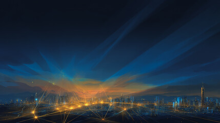 Twilight a city of modern business and smart digital innovation with a network of interconnected rewards over the cityscape of the future smart wireless digital city and social media network