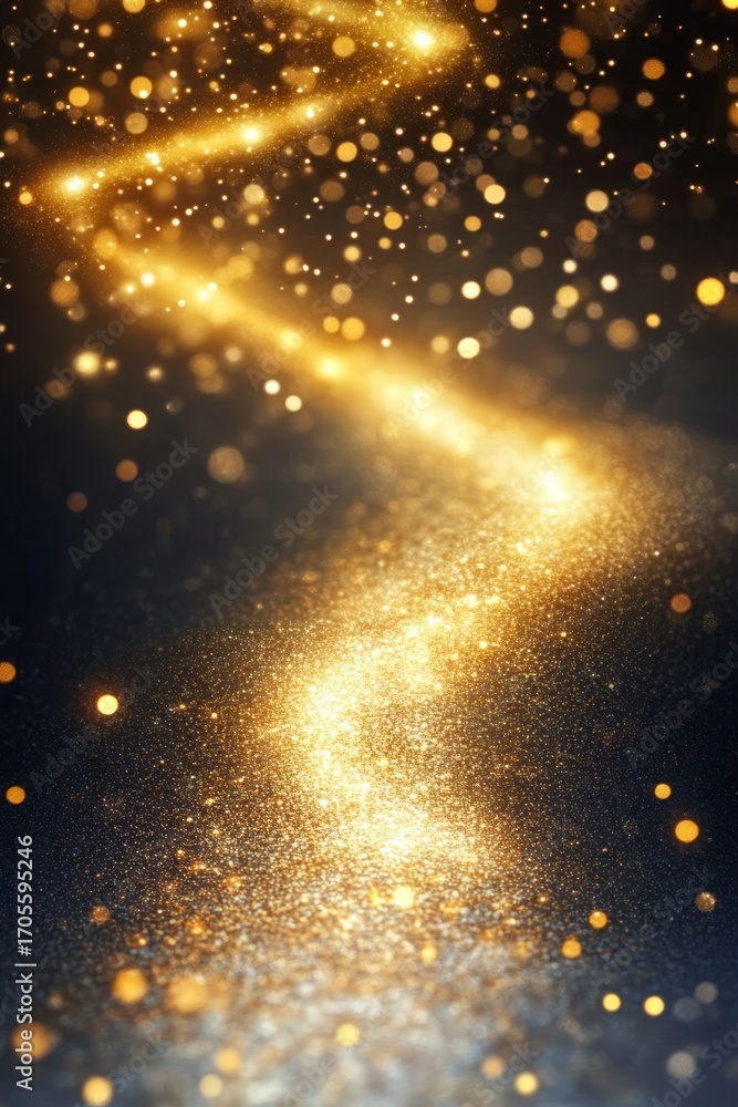 Poster a beautiful abstract golden light trail with sparkling bokeh dots creating a dreamy visual journey