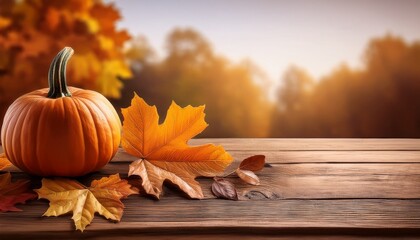 Autumn Leaves And Pumpkin On Rustic Wooden Table