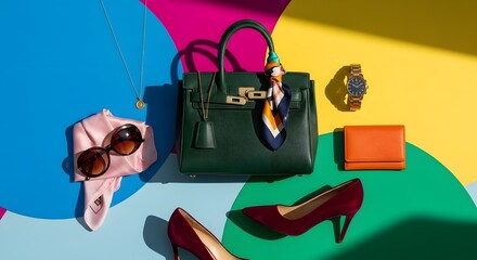 Luxury Fashion Accessories Flat Lay on a Vibrant Colorful Background.