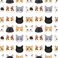 Adorable watercolor cat faces create a charming repeating pattern, perfect for fabric or wallpaper designs.