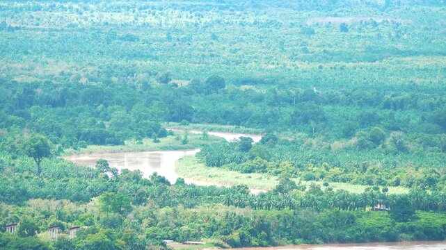 Tropical mountain forest with river in the northwest of Borneo Island, fluvial plain, tropical farming, tea and vegetable plantations in the valley. Malaysia