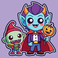 Cute vampire and zombie friends celebrate halloween together