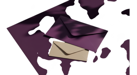 Two envelopes on a purple surface isolated on transparent background