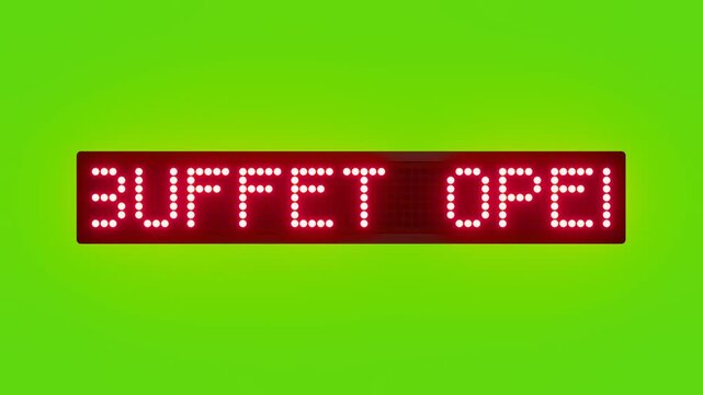 BREAKFAST BUFFET OPEN NOW Scrolling Red Dot Matrix LED Text Animation on Green Screen Seamless Loop