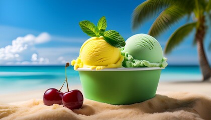 Advertising Photo Of Ice Cream In A Cup On A Tropical Beach With The Sea And Palm Trees In The Background Two Scoops Of Yellow Green Ice Cream With Cherries Inside And Mint Leaves