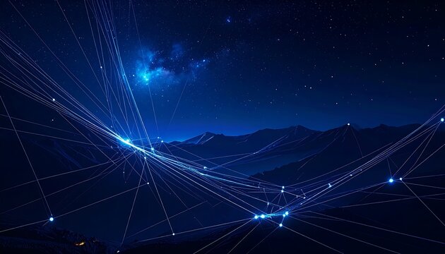 A digital network visualization of a night scene, connecting stars and the mountain range silhouette.  Atmospheric, futuristic, and high-tech