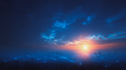 Naklejka premium Sunshine a city of modern business and smart digital innovation with a network of interconnected rewards over the cityscape of the future smart wireless digital city and social media network