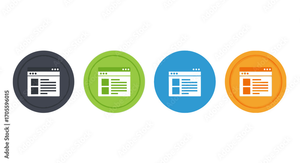Wall mural four circular icons showing website browser interface in different colors.