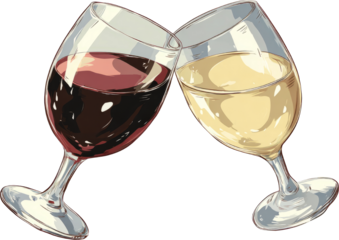 Celebratory clinking red and white wine glass for happy toast