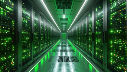 High-tech server room with green lights in a modern data center powered by renewable energy and copy space for text