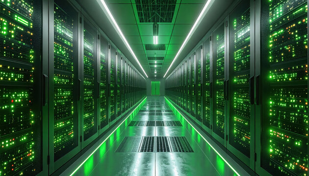 High-tech server room with green lights in a modern data center powered by renewable energy and copy space for text