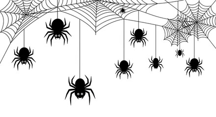 A collection of black spider silhouettes hanging from a white spider web against a