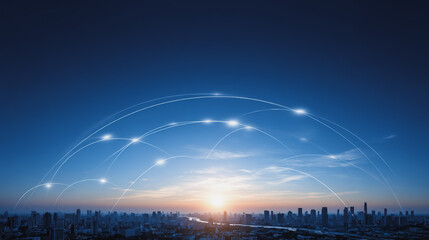 Sunshine a city of modern business and smart digital innovation with a network of interconnected rewards over the cityscape of the future smart wireless digital city and social media network