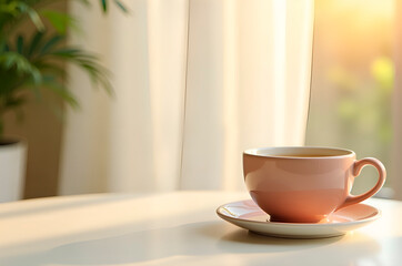 Fototapeta premium Morning Coffee Cup on Table Near Window with Soft Sunlight