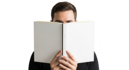 Man holding an open book in front of his face isolated on transparent background