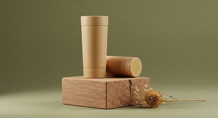 Tan Cardboard Tube Packaging Mockup on Rustic Wooden Block Display