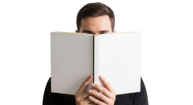 Man holding an open book in front of his face isolated on transparent background