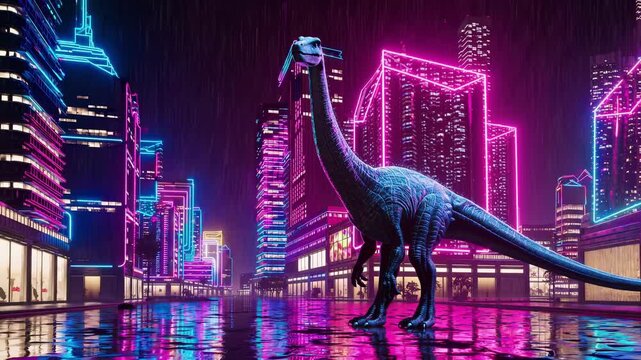 Brachiosaurus walks in neon lit cyberpunk city at night with rain. Futuristic urban dinosaur concept for sci fi and retro wave, footage.