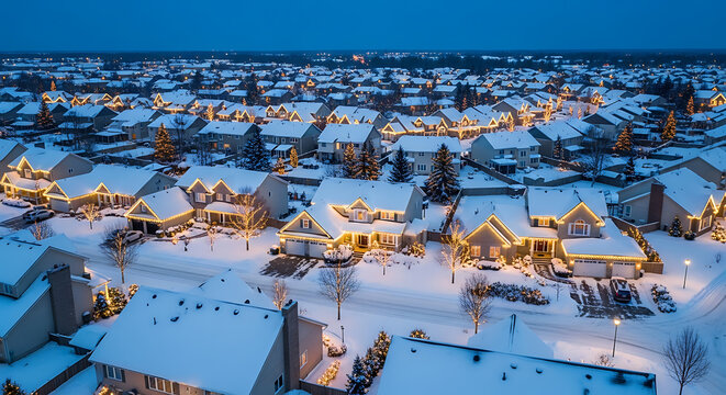 Aerial view of a snow-covered residential neighborhood adorned with glowing holiday lights during a peaceful winter evening, creating a beautiful festive scene.