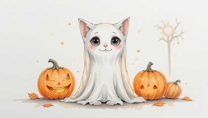 Adorable Ghostly Kitten with Jack-o'-Lanterns for Halloween