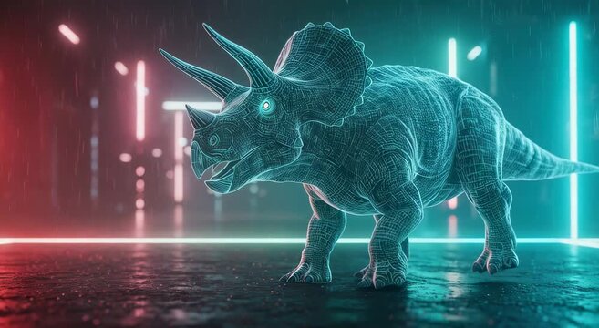 Futuristic wireframe triceratops dinosaur in cyber city with neon lights and rain. Digital rendering footage.