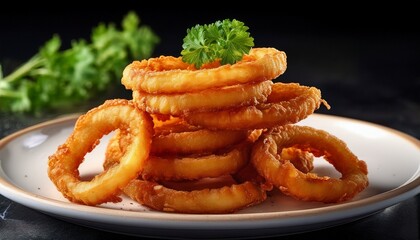 A Stack Of Fried Onion Plant Rings With A Green Garnish Ready For Serving