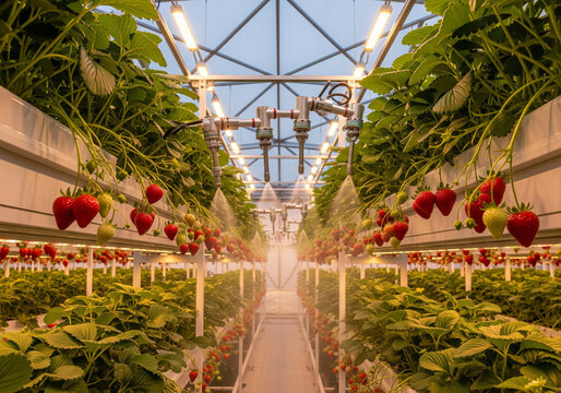 Rows of ripe strawberries growing in a bright, modern greenhouse under artificial lights - Powered by Adobe