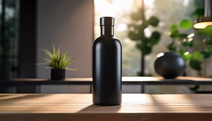 A Sleek Black Bottle Stands On A Wooden Surface Highlighting A Minimalist Design In A Spacious Softly Lit Environment