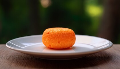A Single Round Orange Colored Snack Rests On A White Plate Against A Blurred Background
