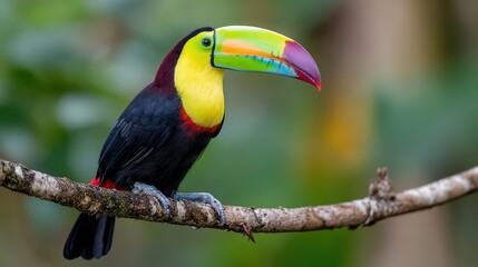 Naklejka premium Stunning Keelbilled Toucan Ramphastos Sulfuratus Perched in a Vibrant Tropical Forest Perfect for NatureFocused Campaigns, Inspiring Creativity and Vitality.