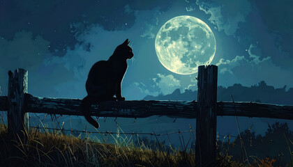 Black cat silhouette sitting on a crooked fence under moonlight with copy space for text in a night setting