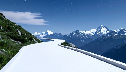 Dynamic A winding mountain path leading to distant peaks with white space and clean lines and meditative aesthetic cascading downward under starlit skies