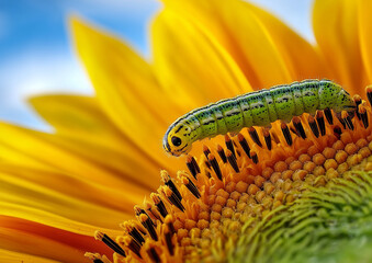 Green Caterpillar on Sunflower