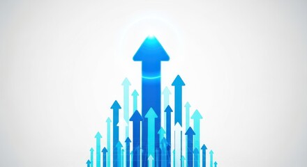 A collection of blue arrows pointing upwards against a light grey background