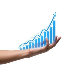 Hand holding a rising blue bar graph isolated on white background