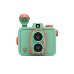 Green toy camera with pink accents isolated on white background
