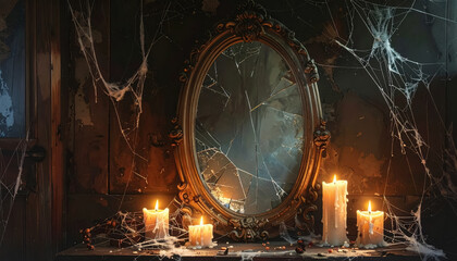 Broken mirror surrounded by flickering candles and cobwebs with copy space for halloween text and spooky vibes