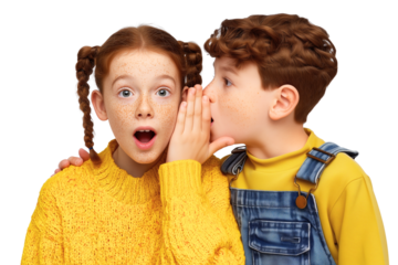 Boy whispering secret to surprised girl