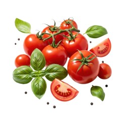 Fresh ripe tomatoes and basil leaves isolated on white background