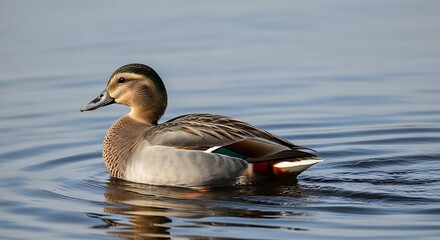 Obraz premium Elegant Baikal Teal Duck Swimming Peacefully in Calm Water.