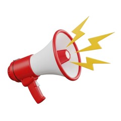 Red and white megaphone with yellow lightning bolts isolated on white background