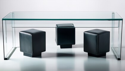 A Modern Glass Top Table With Three Black Cube Stools Underneath On White Background